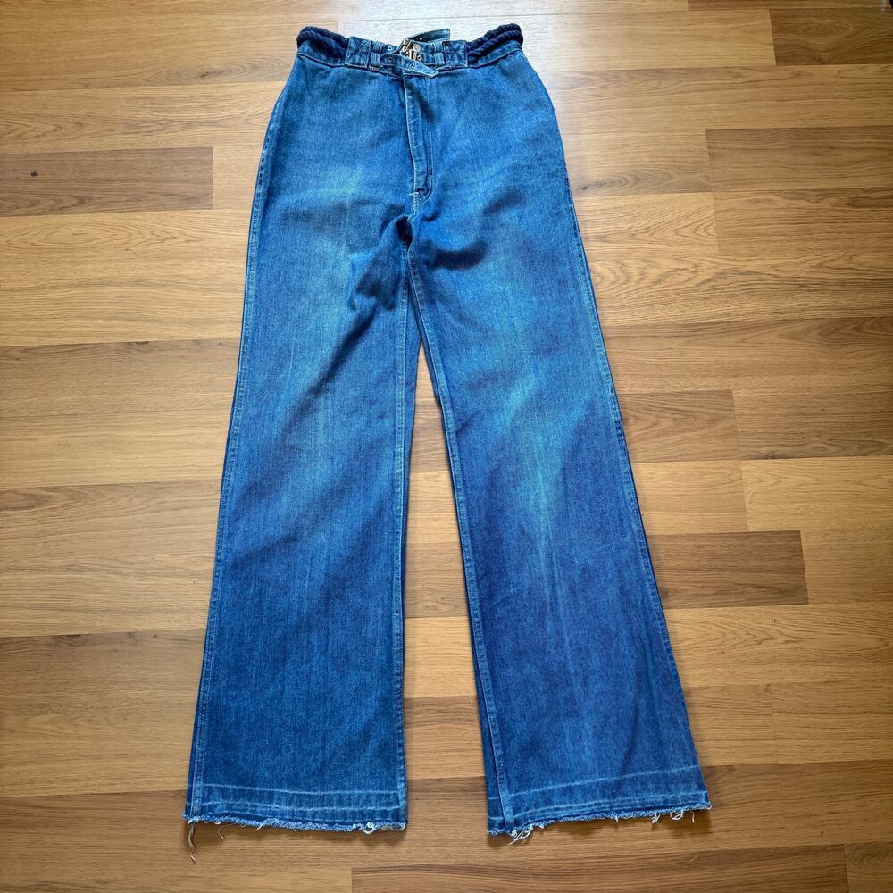 Women's Vintage 70's Arpeja Bell Bottoms Flared Belted Denim Blue Jeans 26 x 31